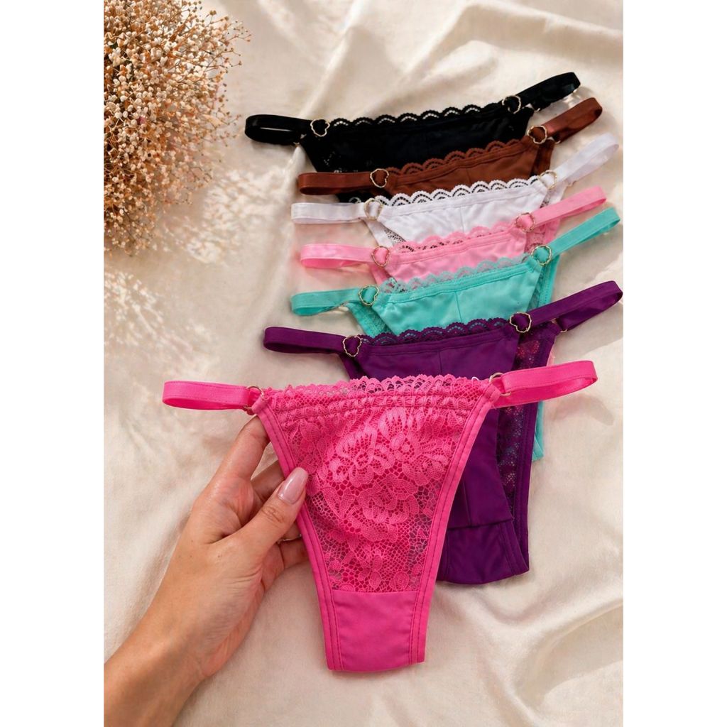 Kit Calcinha em Renda e Fio Duplo Levanta Bumbum Luxo Regulagem Ouro de Coração String Fio Dental Sexy