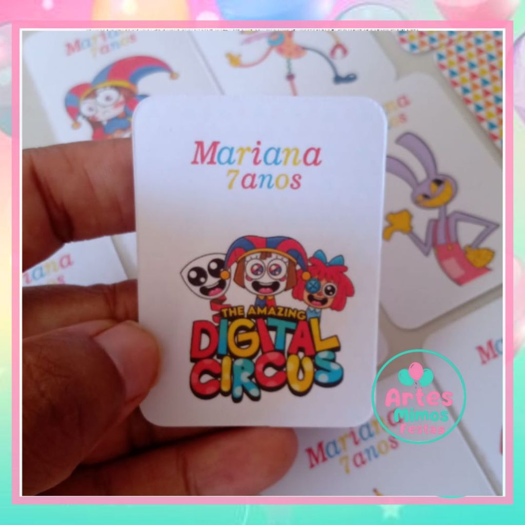 jogo da memória Pomini Digital Circus  personalizados para festas infantil Divertida lembrancinhas aniversario infantil