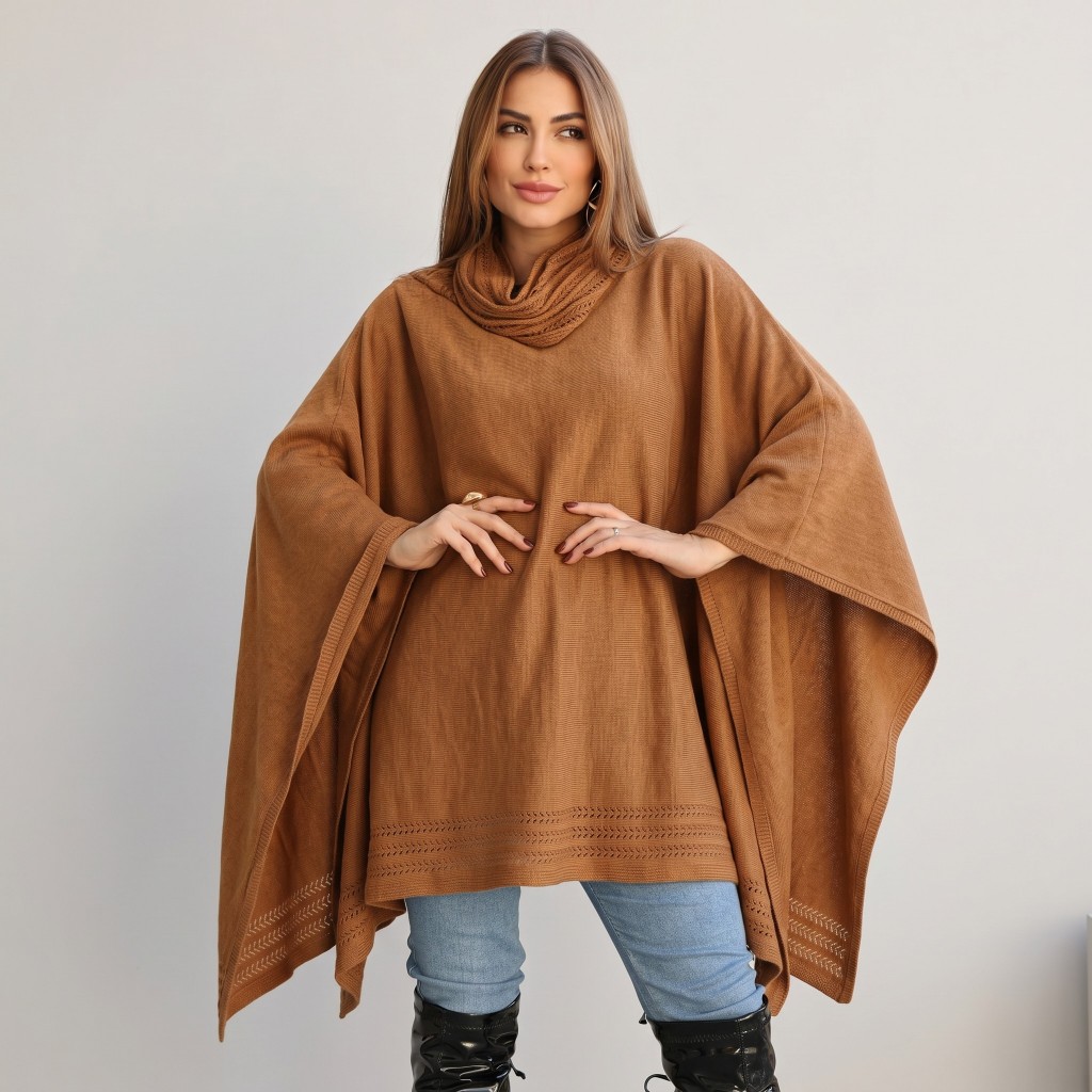 【Lançamento】Poncho Feminino Tricot Mousse Quadrado Boho Inverno Elegante Presente Dia das Mães