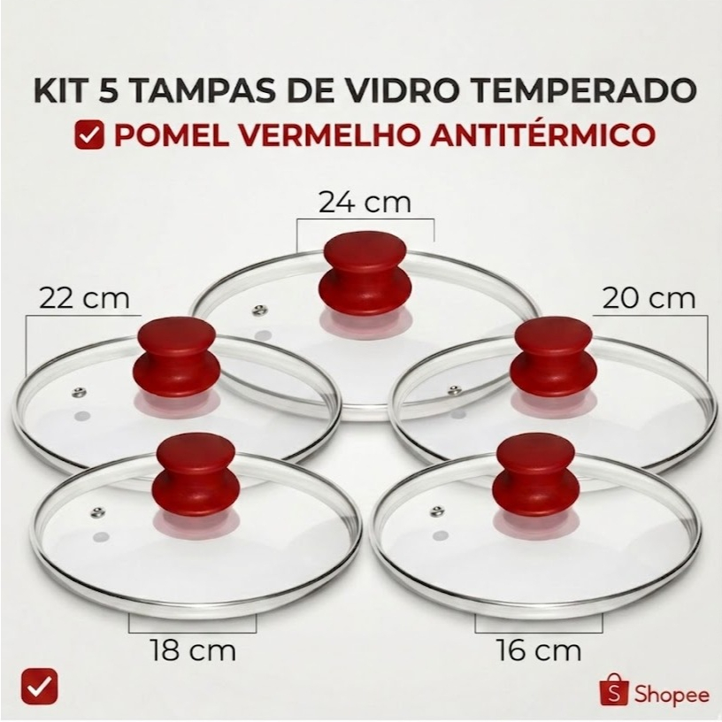 Kit 5 Tampas de Vidro Temperado para Panelas 16,18,20,22,24cm.Pomel Vermelho/Jogo 5 Peças Universal