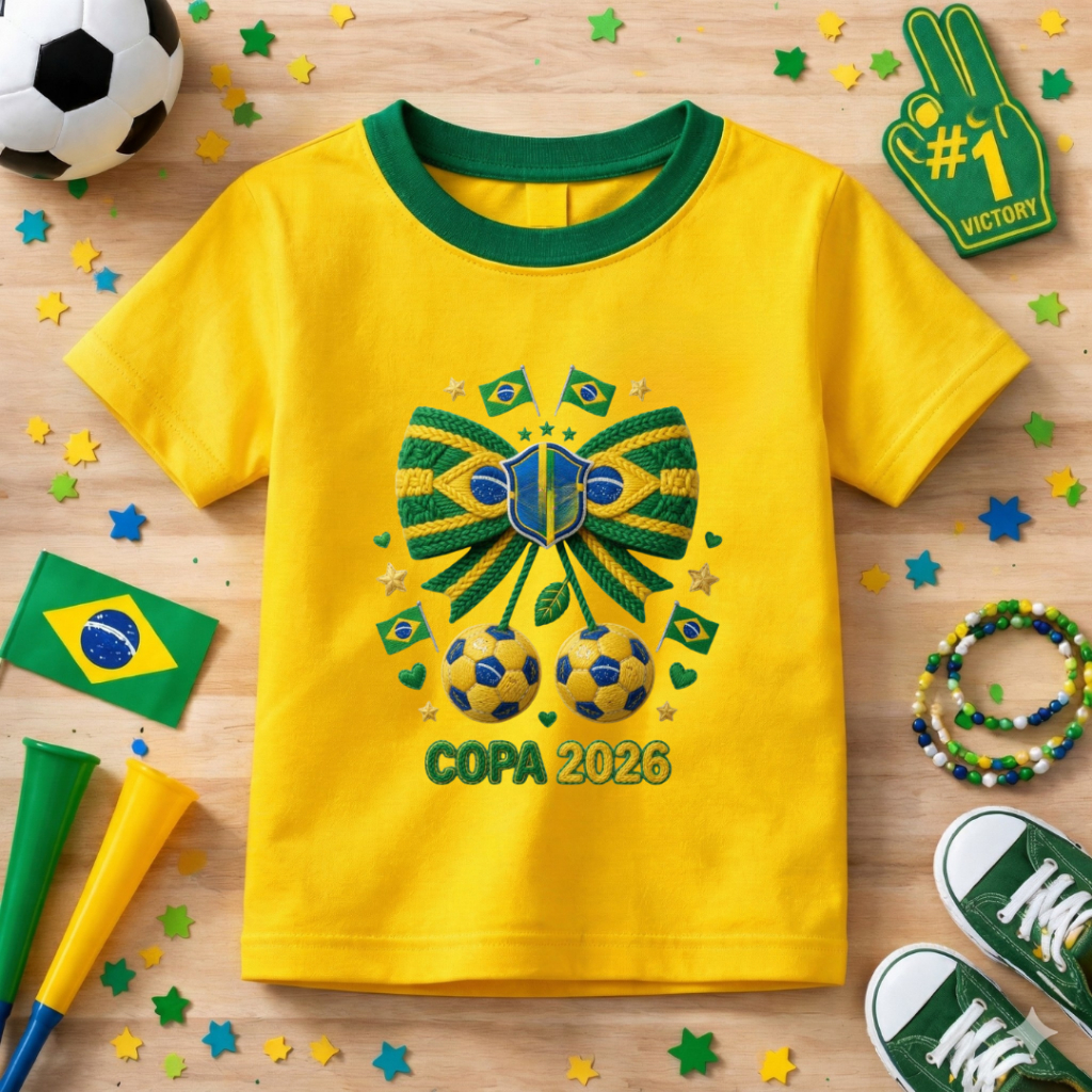 Camiseta Infantil Menina Estampada Laço Copa Do Mundo Algodão Macio Lançamento Crianças