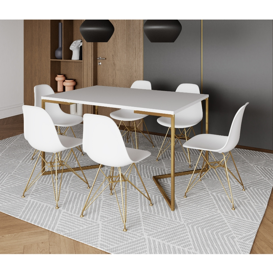 Mesa de Jantar Industrial Retangular 137x90cm Base V com 6 Cadeiras Eames Eiffel Base de Ferro