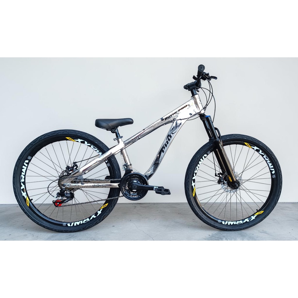 Bicicleta Aro 26 PRO-X Rustic PRO Cromado Freeride 21v Aro Vmaxx Freio a Disco Pneu Flame