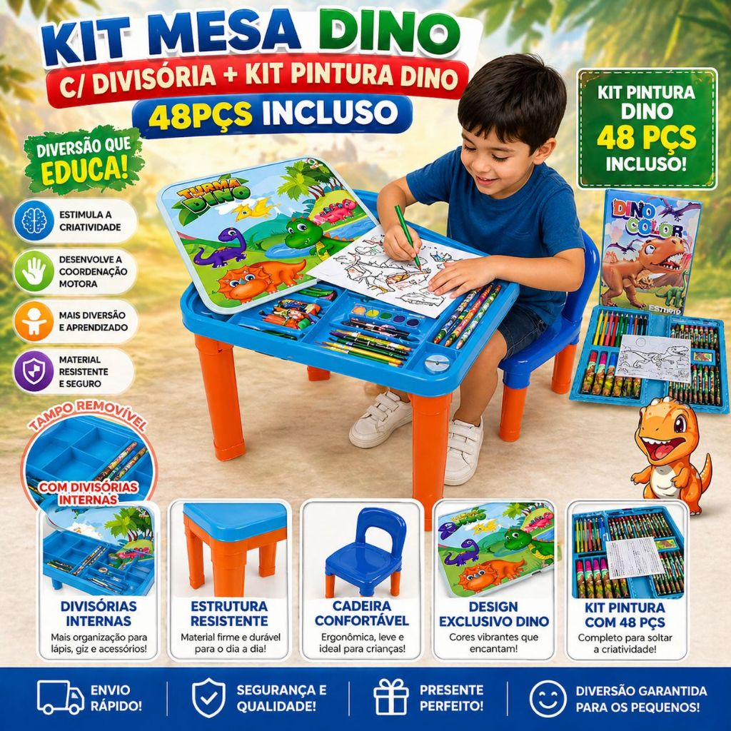 Kit Mesa Infantil Dino Com Cadeira e Divisória Organizadora + Kit Pintura Dino 48 Peças Educativo
