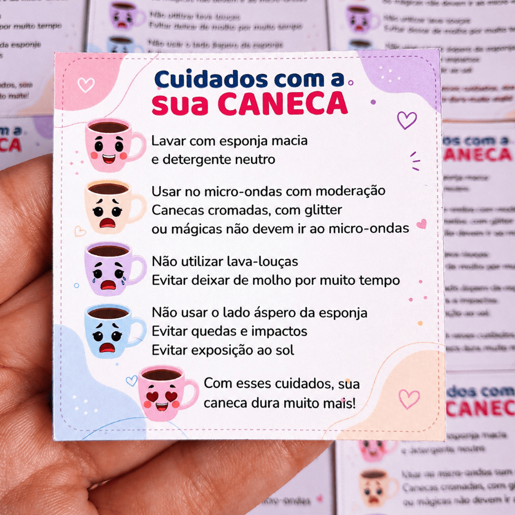 Kit 50-100-150-200 Cartões Cuidados Com a Caneca 6x6cm Cartão Tags Cards Fotográfico Offset Para Canecas Personalizadas