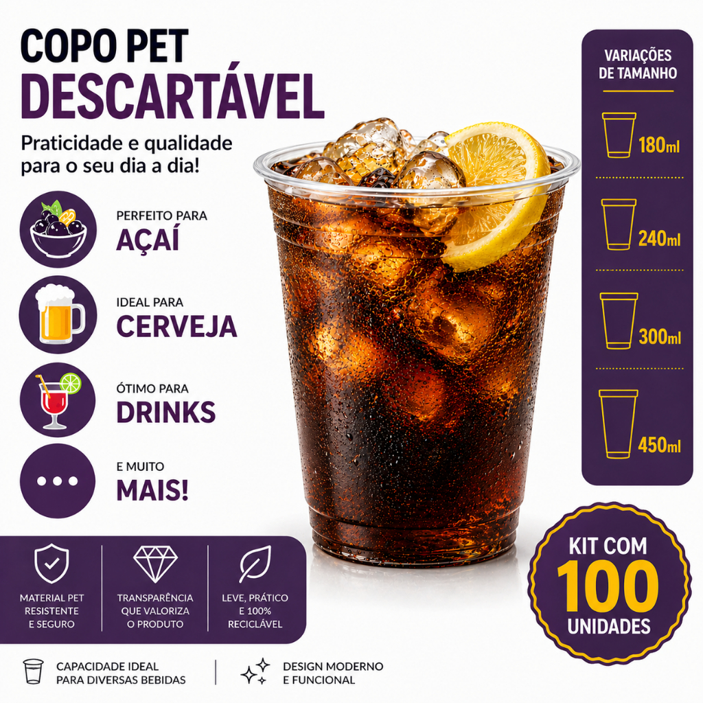 100 Copo Descartável Resistente Açaí Canjica Drink Chopp Refrigerante Sucos Sorvete Água Transparente Liso