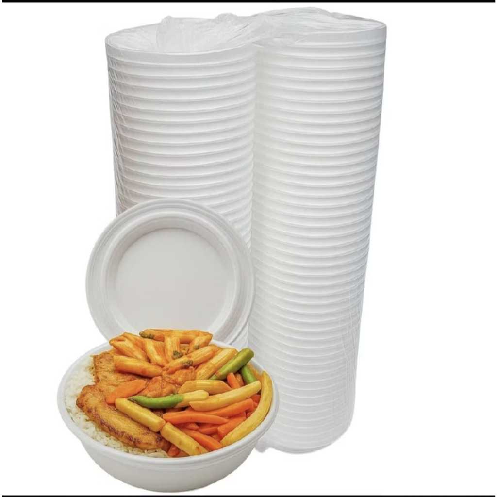 Fardo com ate 100 UND Prato Marmitex Isopor Com Tampa Capacidade 750-ML Formato Redondo Para Marmitas.