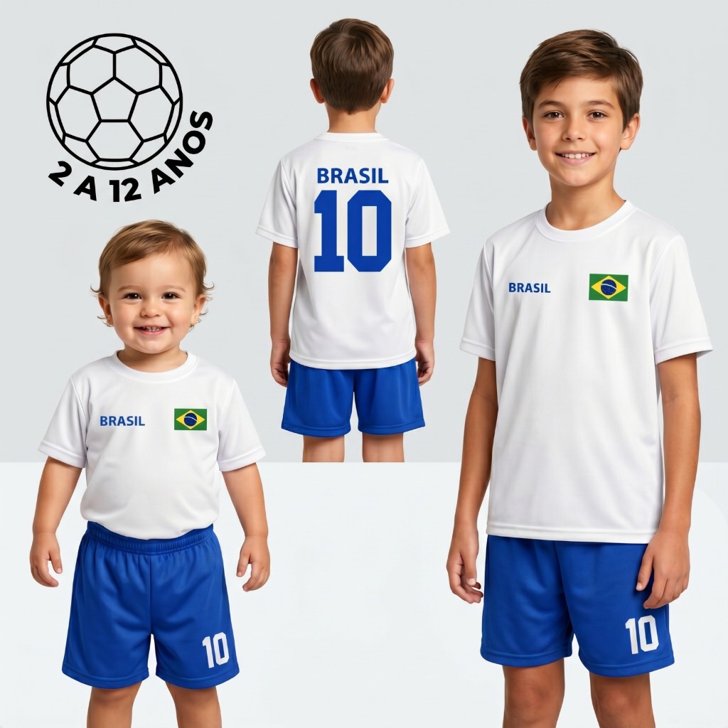 Conjunto Infantil do Brasil - Camiseta Branca Infantil do Brasil + Bermuda Infantil do Brasil