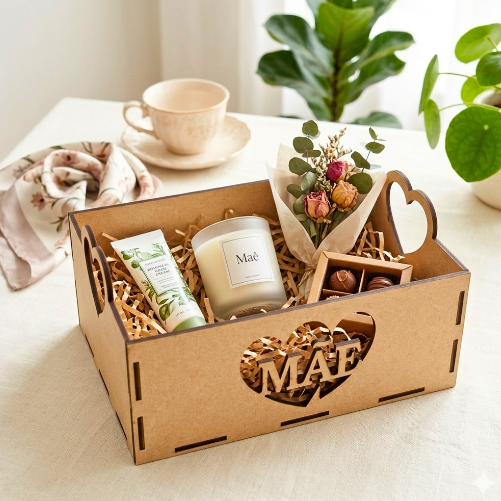 2 Caixinhas em MDF Alta Personalizável Para Kit Presente Dia das Mães Cesta com Coração M43