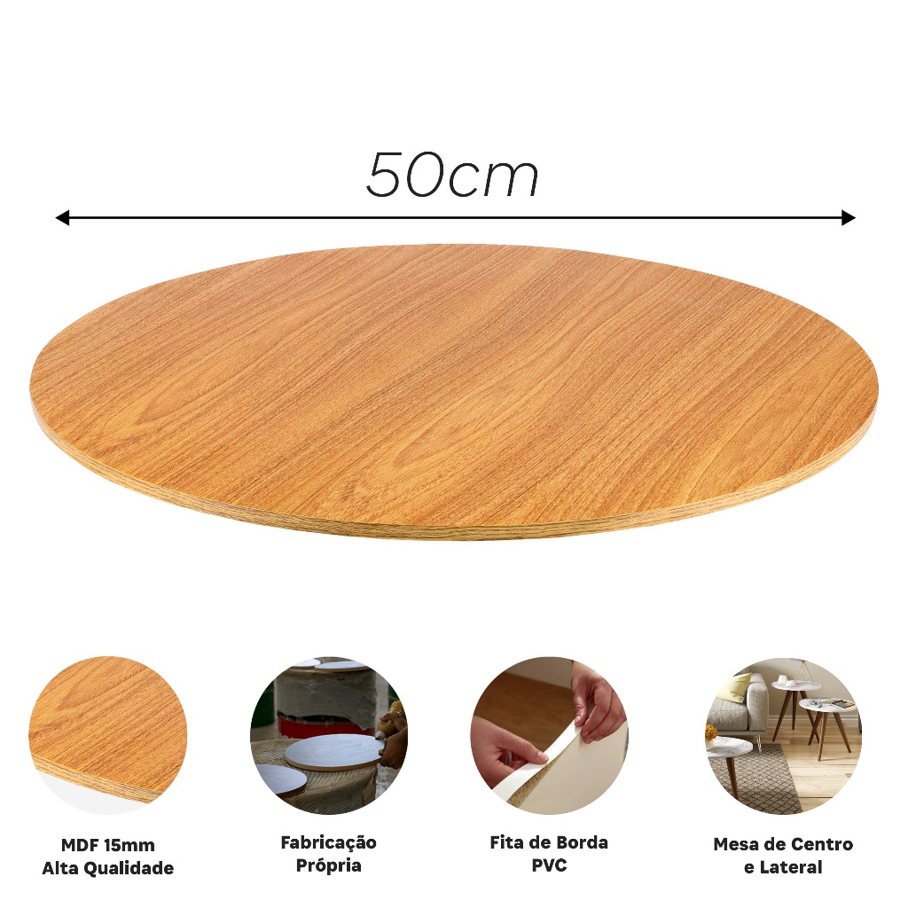 Tampo Redondo Louro Freijó MDF 50cm x 15mm Mesinha Bistrô