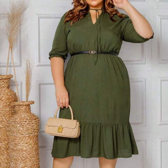 Vestido Plus Size Midi Viscolinho Com Forro Elegante G e EXG Confortável Moda Feminina Curvy