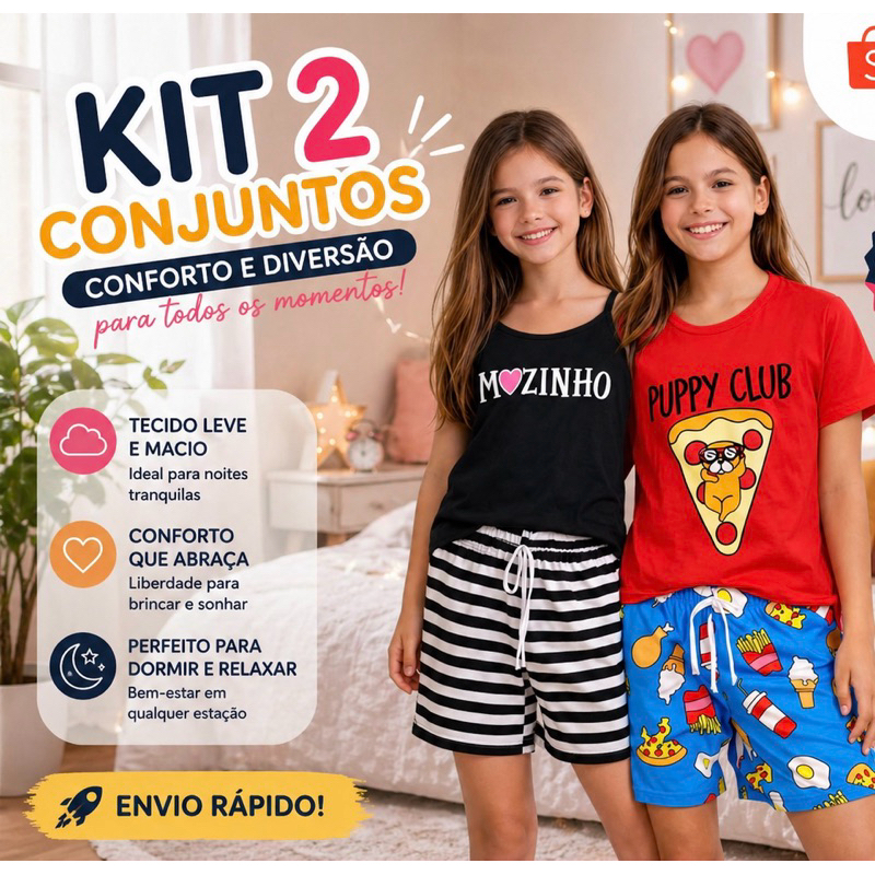 Kit 2 Pijamas Juvenil Feminino Estampado Sortido Tam 10 12 14 16 Confortável Malha PV