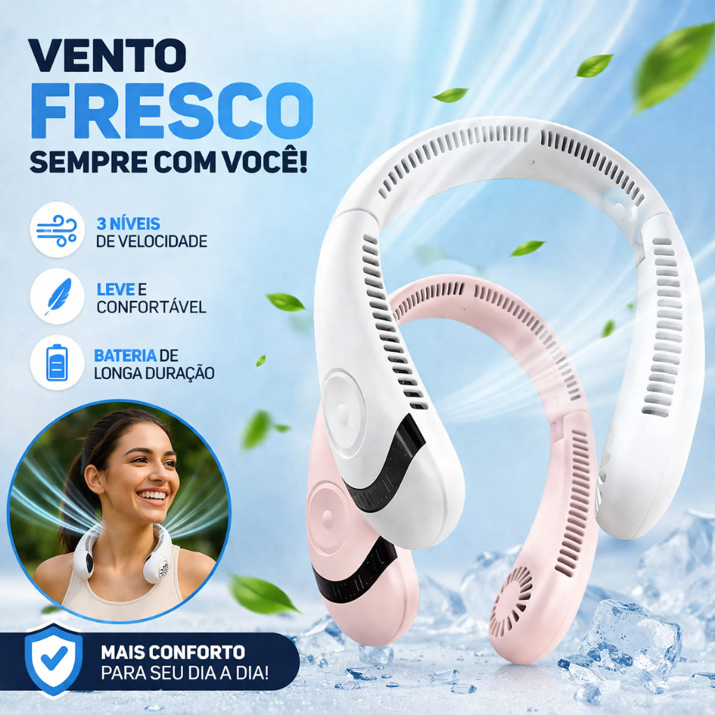 Ventilador de pescoço 3 velocidades portátil sem lâmina e sem mãos Recarregável p/ Viagem, Treino e Refrigeração Rápida