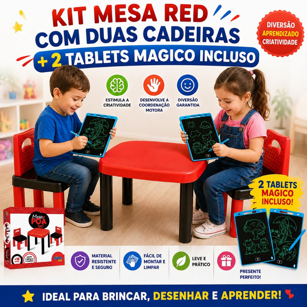Kit Mesa Infantil C/ 2 Cadeiras + 2 Tablets Mágico Desenho Educativo Criança Completo Menino Menina