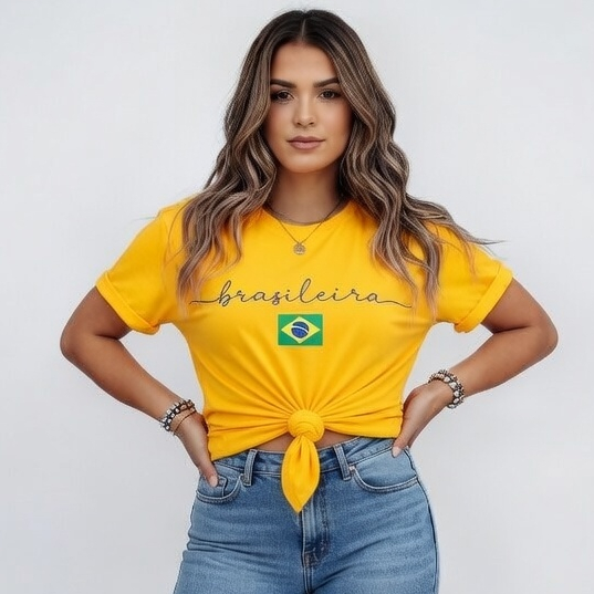 Camiseta Feminina Brasileira Estampa Brasil T-Shirt 100% Algodão Casual Copa Seleção
