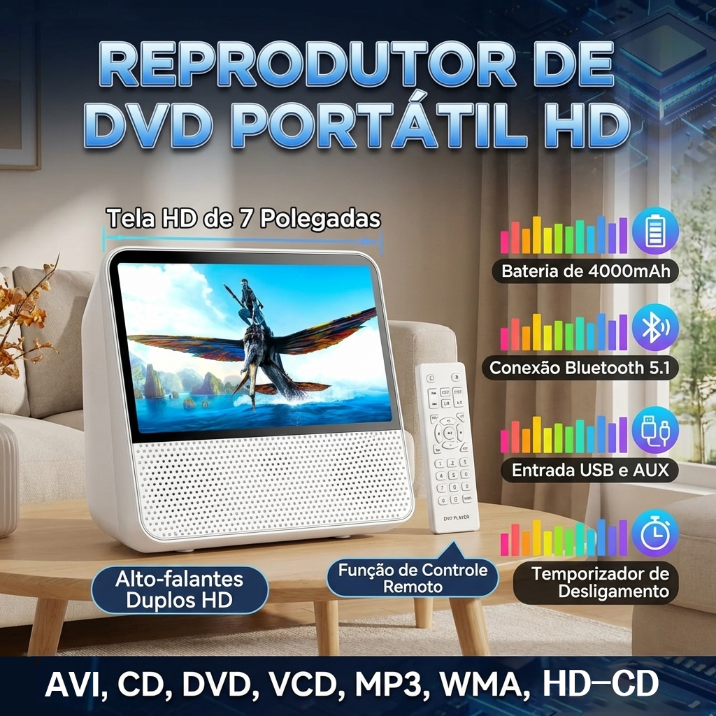Leitor de DVD Portátil Tela HD de 7'', Bluetooth DVD Player, Bateria 4000mAh, USB, AUX, Compatível AVI/CD/VCD/DVD/MP3
