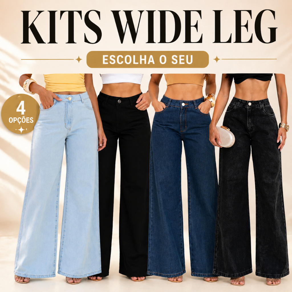 Kit 2 Calças Jeans Femininas Wide Leg Cintura Alta 100% Algodão