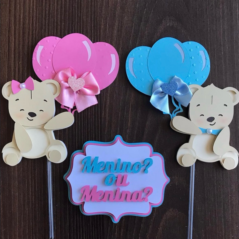 TOPO DE BOLO CHÁ REVELAÇÃO AZUL E ROSA URSINHOS - TOPO DE BOLO MENINO OU MENINA - DECORAÇÃO CHÁ REVELAÇÃO - CHÁ DE BEBÊ