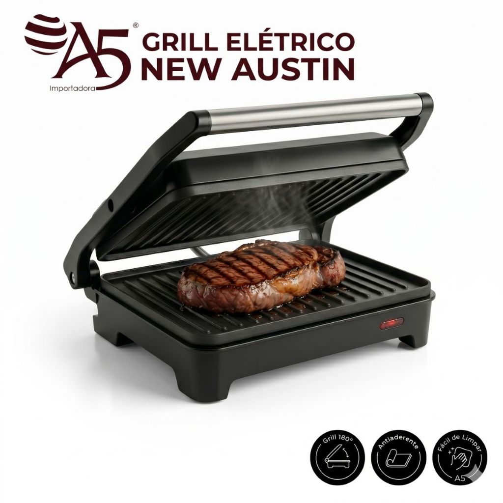 Grill Sanduicheira Elétrica Inox Chapa Misteira Omeleteira Antiaderente Austin A5 750W 110v ou 220v