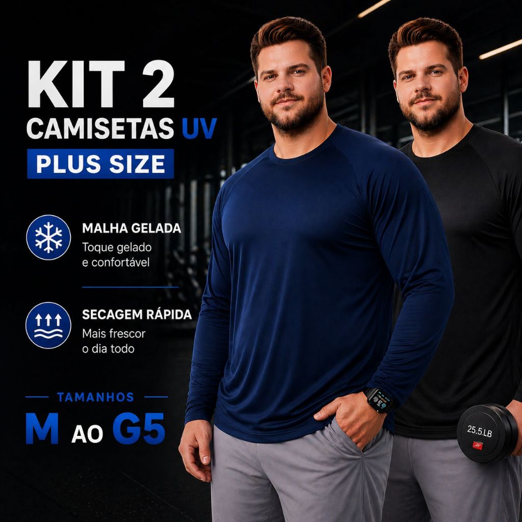 Kit 2 Camisa Plus Size Térmica Proteção Uv 50+ Plus Segunda Pele Camiseta Unissex Manga Longa