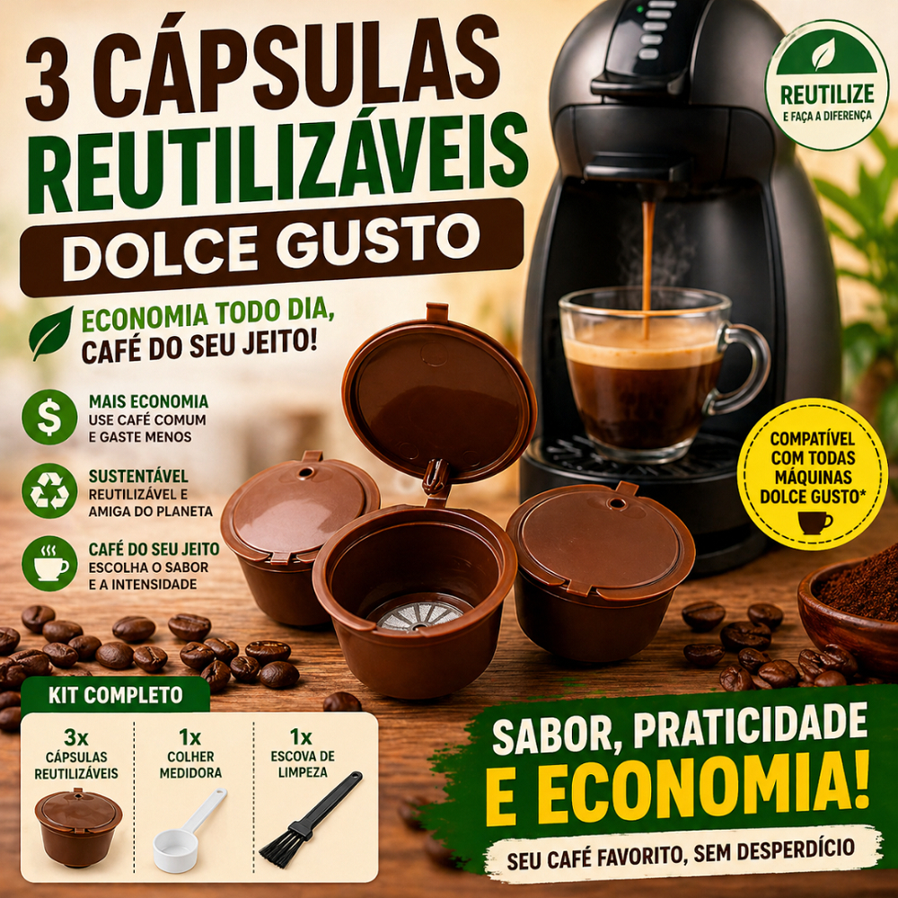 3 Cápsula Reutilizável Dolce Gusto Kit Filtro Café Recarregável Refrescante Compatível com Medidor e Escova
