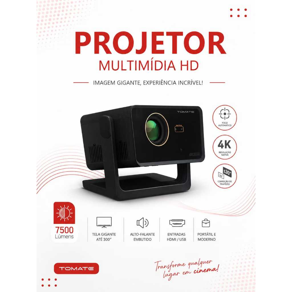 Projetor Led Android WIFI 200 POLEGADAS Portátil Tomate Cinema Hd 4k Full Hd Preto