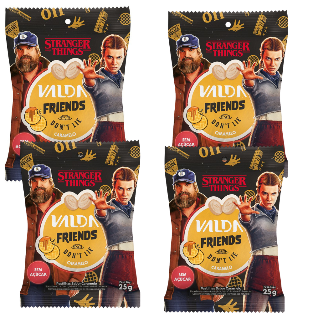 Kit C/4 Pastilhas Valda Stranger Things Friends Sachê Sabor Caramelo 25g