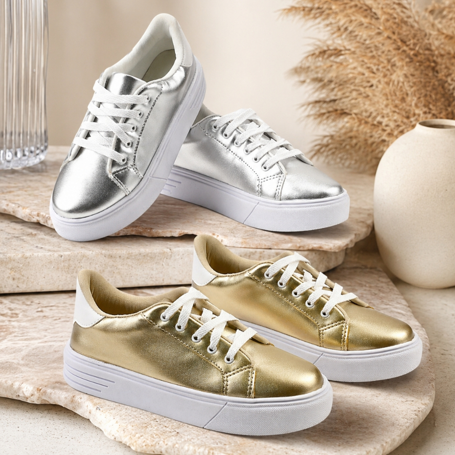 Tênis Casual Feminino Dourado Prata Confortável Flexível Calçado Moderno Dia a Dia Sneaker Mães