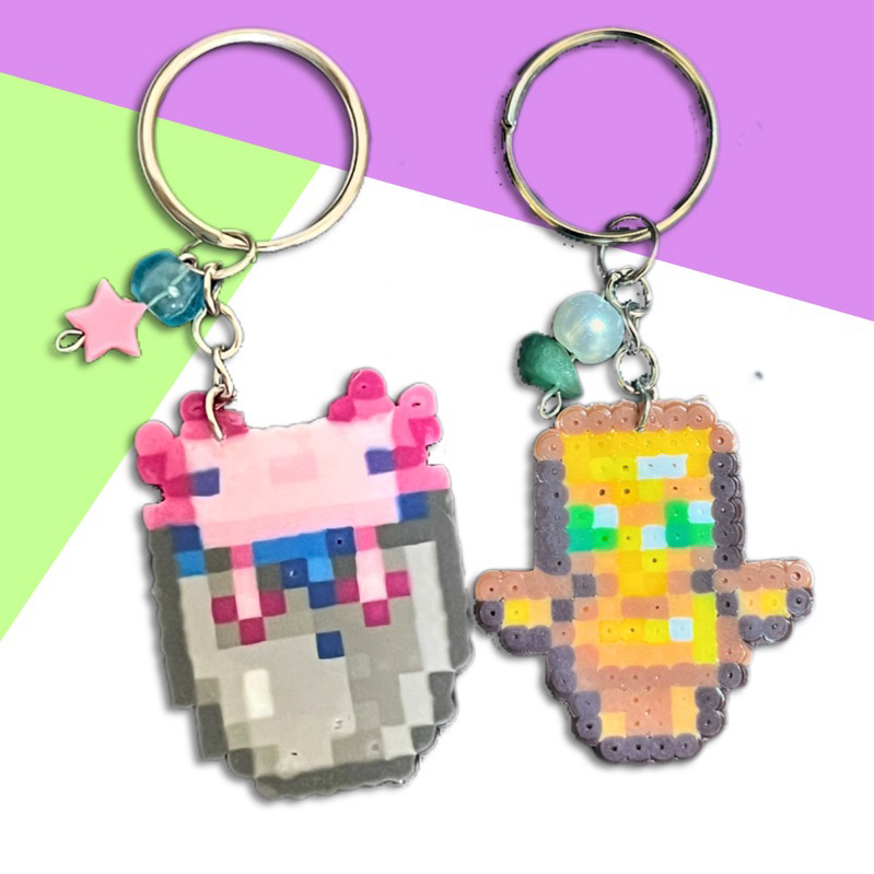 Chaveiro Axolote Totem da imortalidade - Minecraft - Pixel art/ Perler Beads/ Hama beads decoração jogo aesthetic kawaii