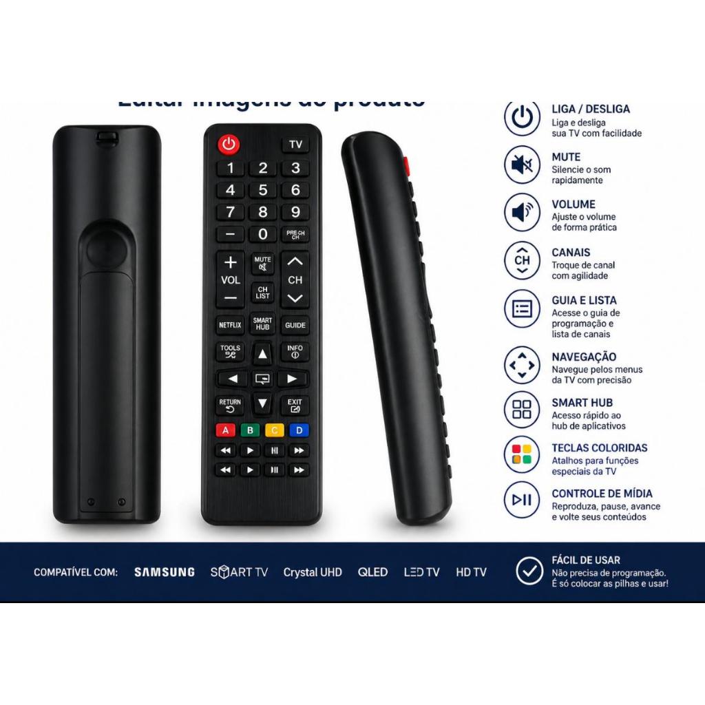 Controle Remoto Smart TV  Universal Samsung Função Volume Canal Fácil Usar Preto