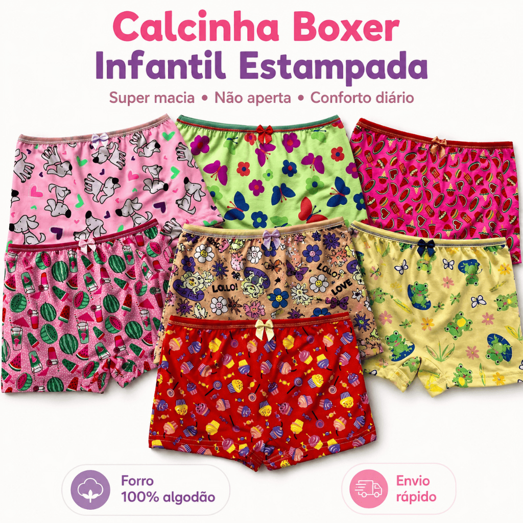 Kit Calcinha Infantil Boxer Estampada Algodão Menina Confortável Dia a Dia