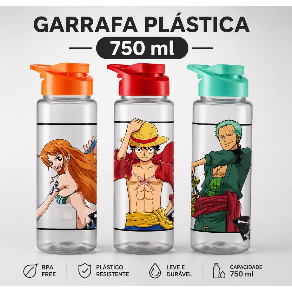 Garrafa Squeeze Personagem 750ml One Piece Luffy e Zoro Passeio Viagem Atividade Fisica