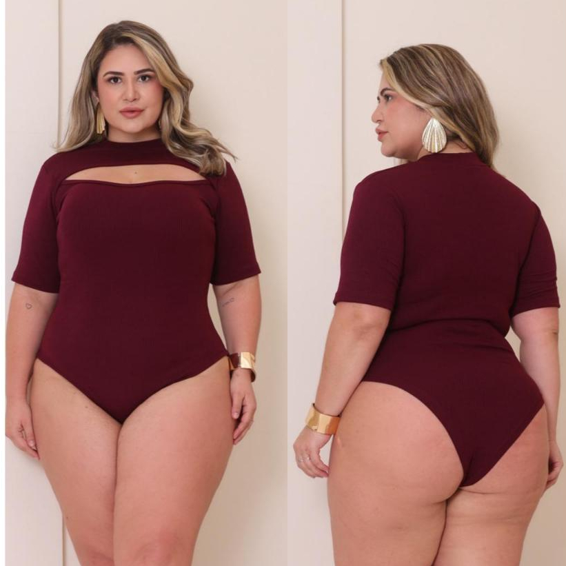 Body Blusa Feminino Plus Size Abertura Busto Manga Curta Tecido Canelado Casual GG G1 G2 G3