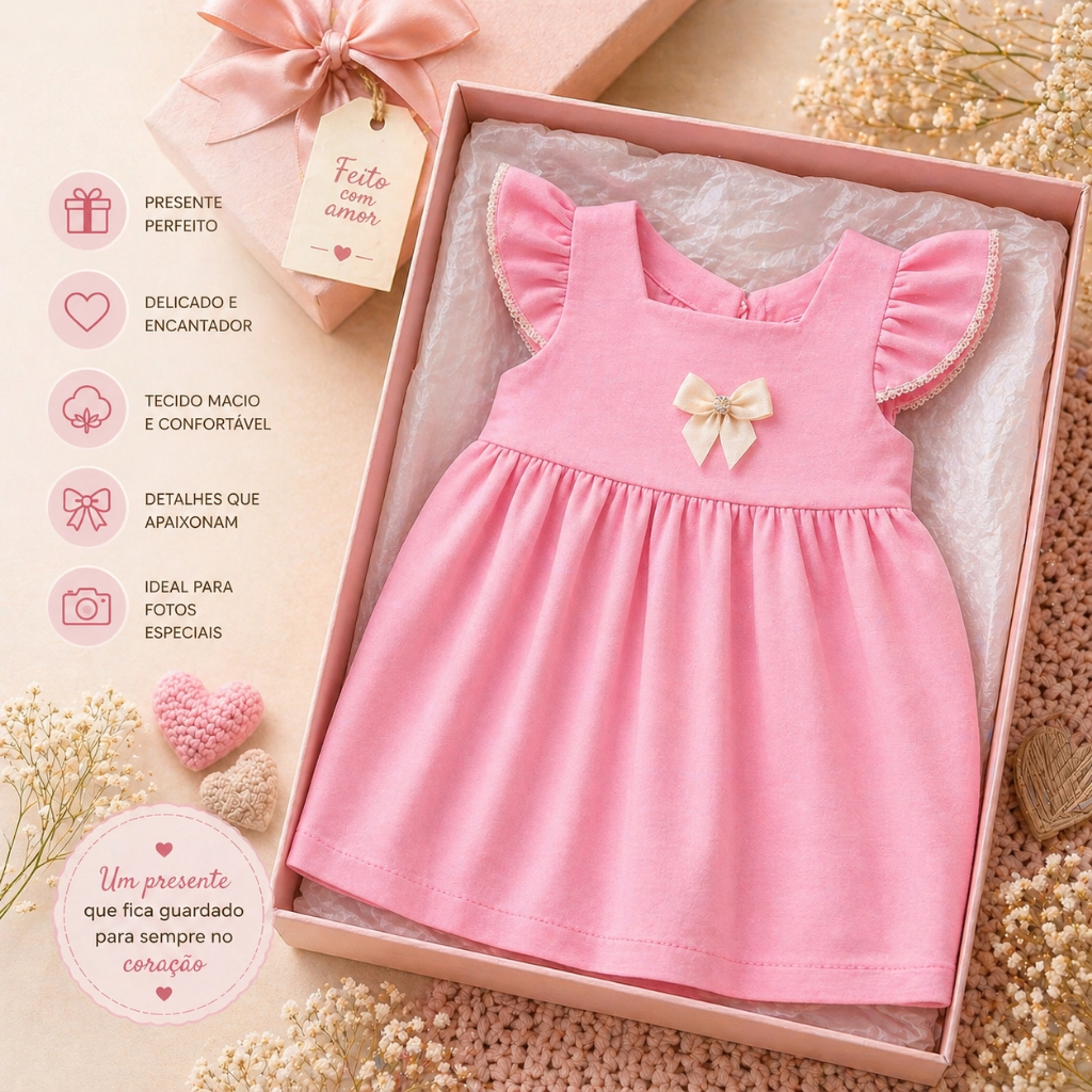 Vestido Bebê Menina Presente Perfeito Roupa Delicada Infantil com Lacinho 3 á 6 Meses