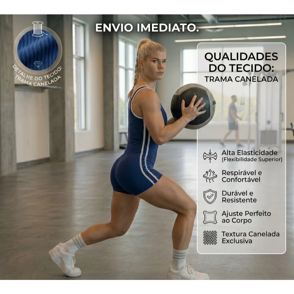 Macaquinho Fitness Feminino Curto Canelado ANARRUGA Modelador com Listras Laterais — imagem 1