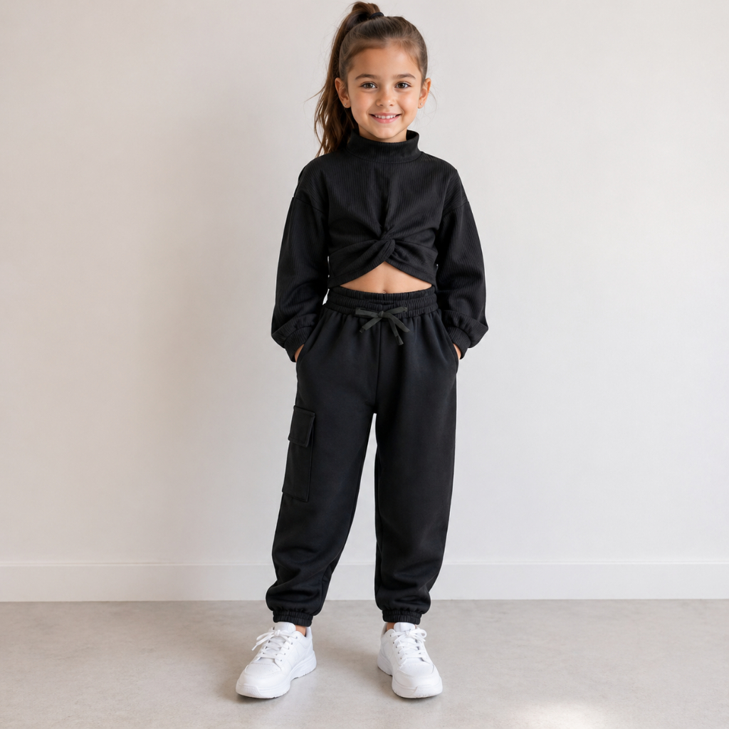 Conjunto Feminino Blusa Canelada com Nó Frontal + Calça Jogger em Moletom – Tamanhos 4, 6 e 8 anos