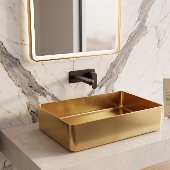 Cuba Banheiro Lavabo Inox 304 Dourada Retangular Com Válvula Click Luxo Modern