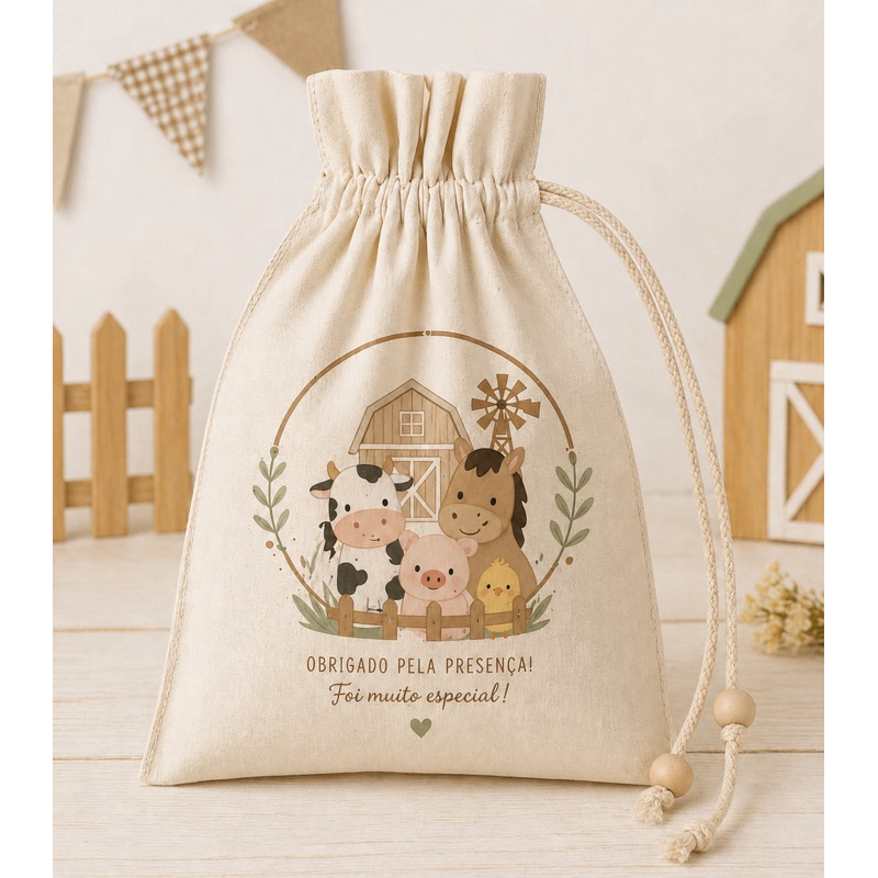 Sacolinha Personalizada Algodão Cru 15x20 – Lembrancinha Fazendinha Infantil | Saquinho com Barbante | Sustentável