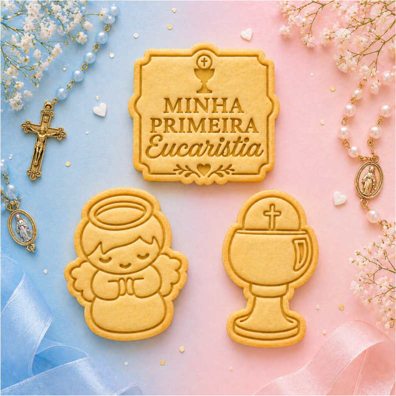 Kit Carimbo + Cortador Biscoito Minha Primeira Eucaristia, Cristão, Religioso, Jesus