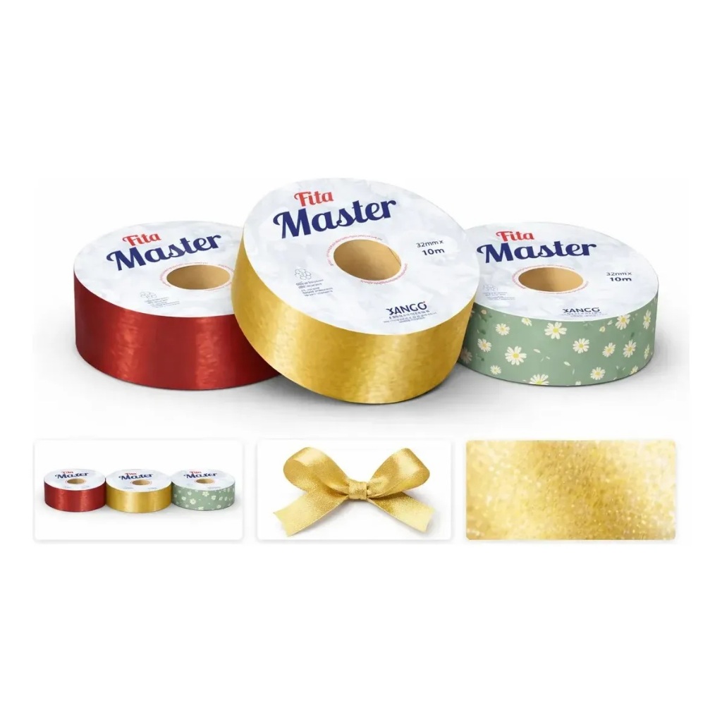 Kit 3 Fitas 32mmx10m Fracionadas Dourado Vermelho Daisy Laço - Mais vendido - Linda