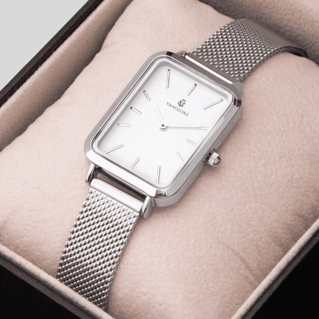 Relógio Feminino Prata Quadrado Slim Branco Pulseira Mesh Aço Inox Vanglore Lunna