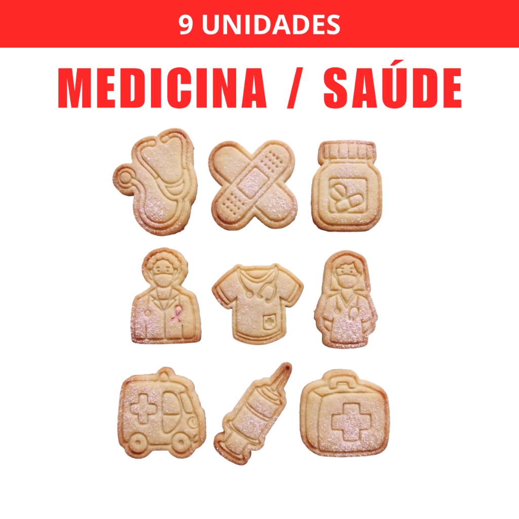 Kit 9 Cortadores e Carimbos de Biscoito Medicina/Saúde com Puxador Profissional