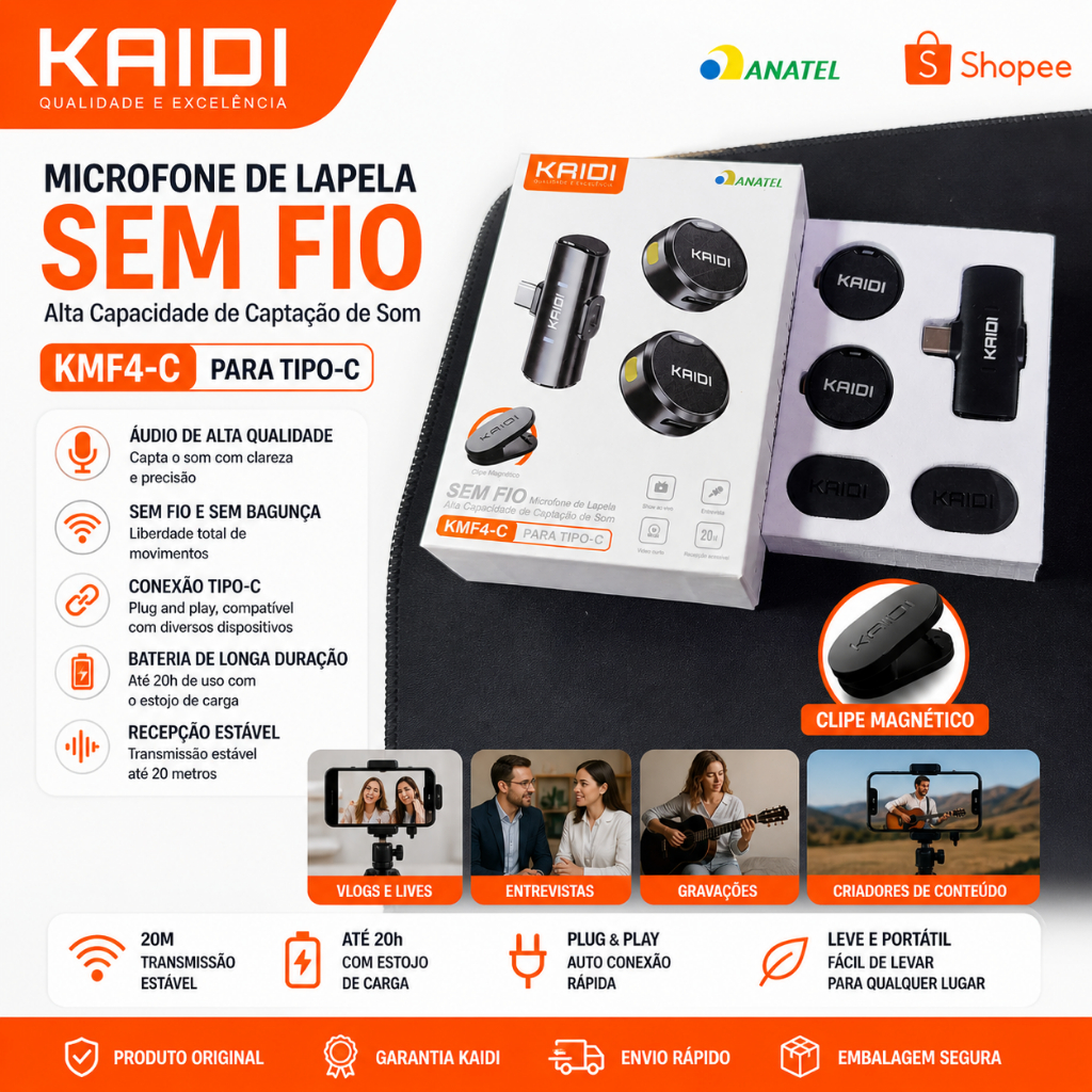 Microfone de Lapela Sem Fio KAIDI KMF4-C Tipo-C Duplo Wireless 20M para Celular Android