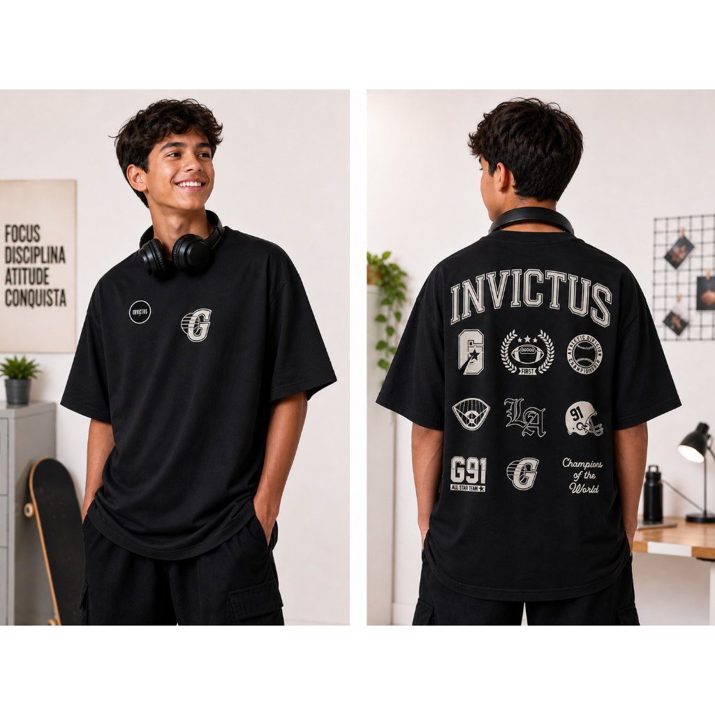 Camiseta Oversized Juvenil Masculina Preta Terracota Estampada Juvenil 100%  Algodão Streetwear