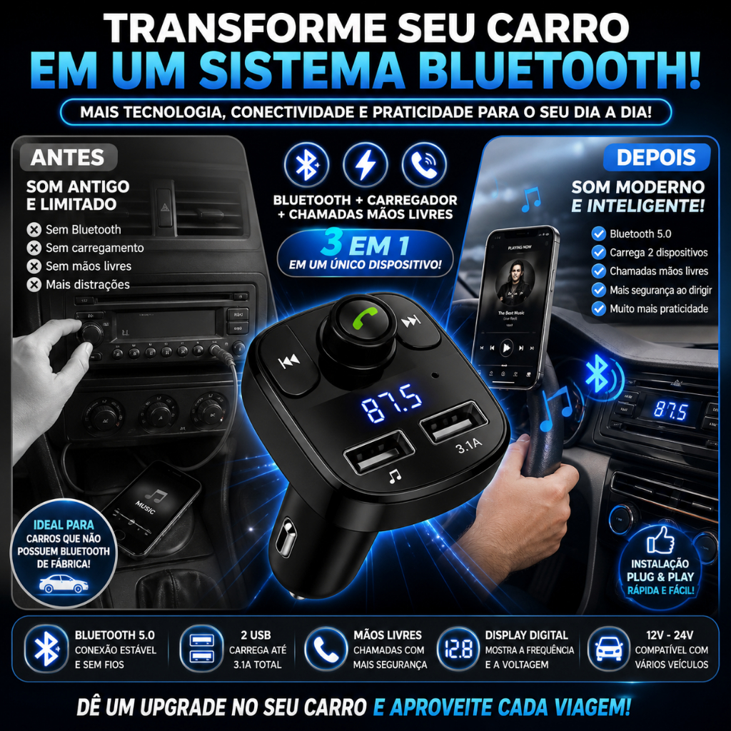Transmissor de Áudio Bluetooth Rádio FM Adaptador Veicular Carregador USB e Som Automotivo MP3 Carro