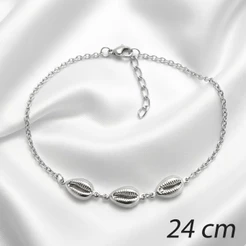INOX - Tornozeleira em Aço Inox na Cor Prata - Pingentes de Búzios - 24 cm + Extensor - Fecho Lagosta