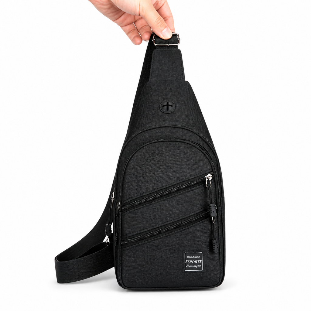 Bolsa Transversal Masculina Pochete Sling Bag Esportiva Leve Com Zíper Saída Fone Preta