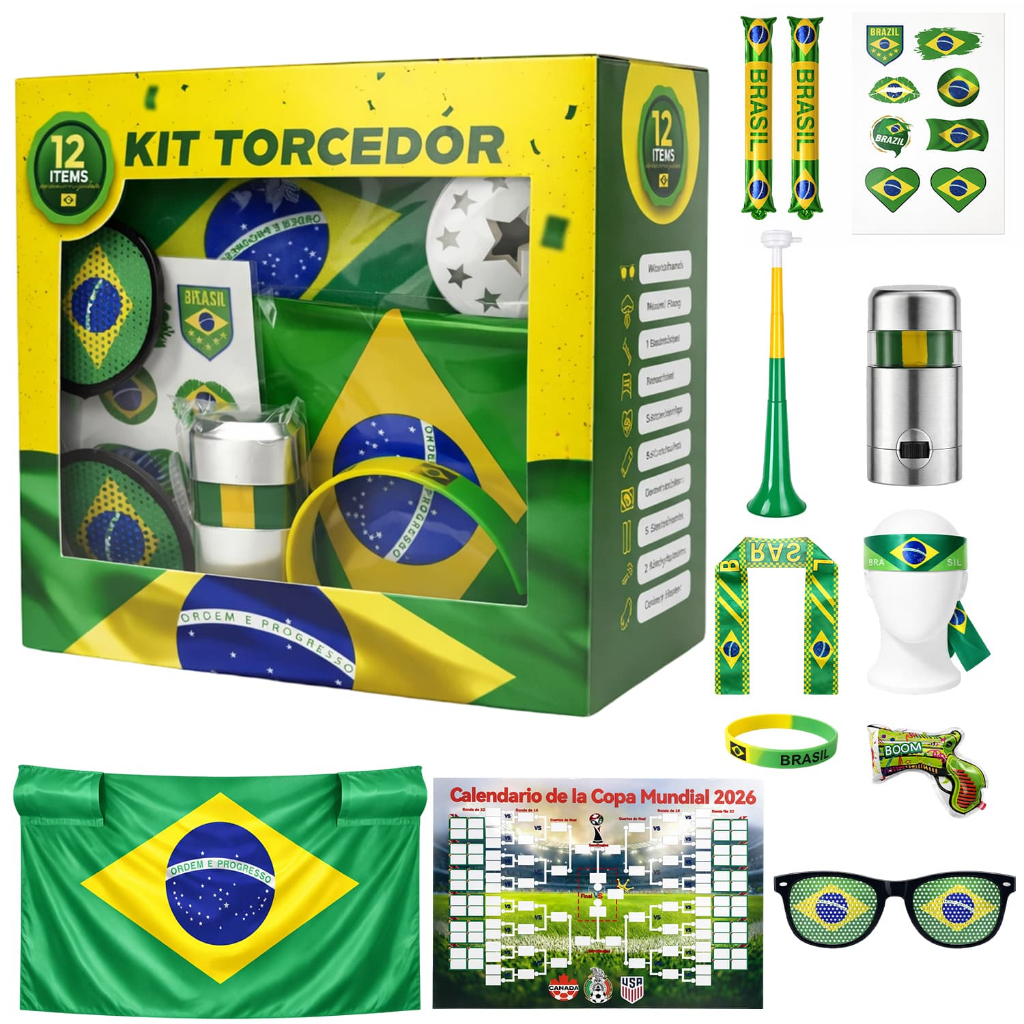 6/10/20 KIT TORCEDOR Bandeira Copa 2026 Adesivo Trompete Pintura Facial Bandeira Brasil Adesivo Vuvuzela