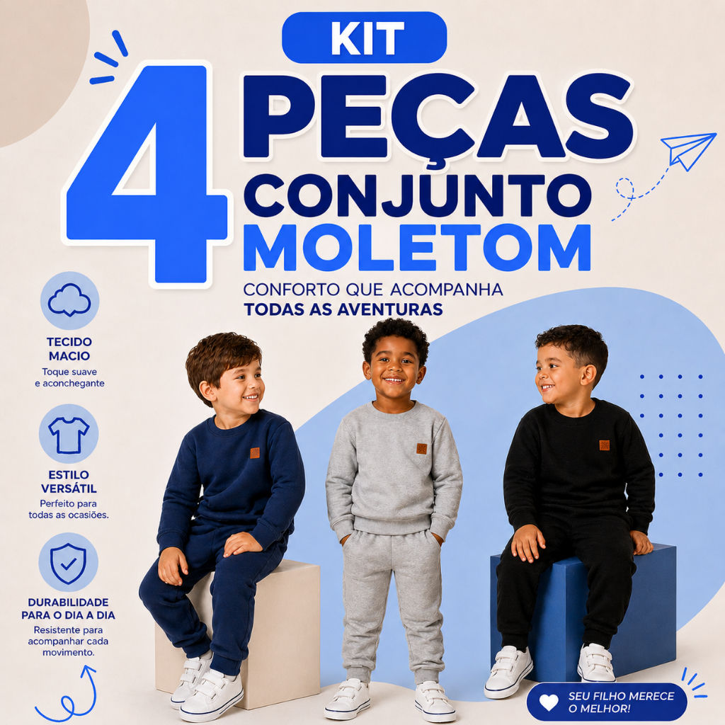 Kit 4 Peças Liso Moletom Menino Infantil Masculino Conjunto Inverno Roupa Casual Resistente Cores Sortidas