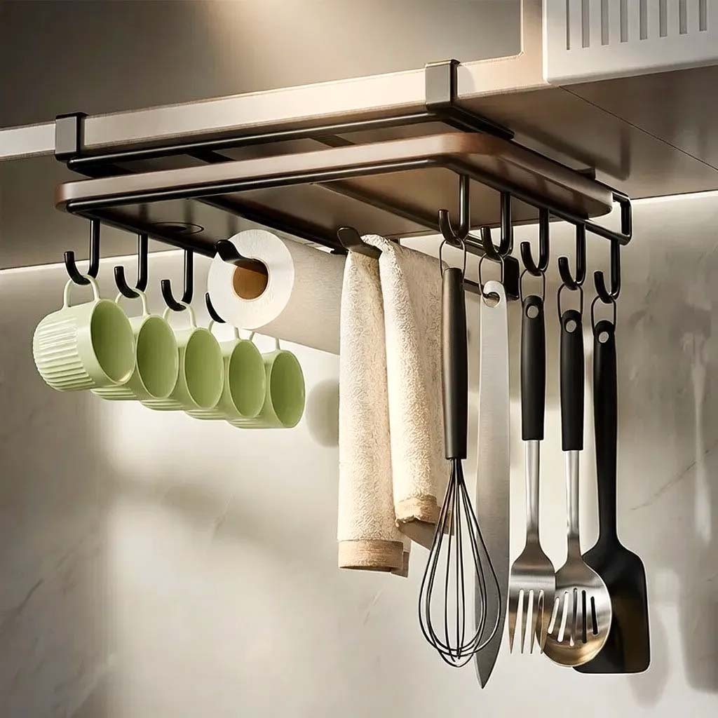 Organizador Suspenso de Armario Preto Aco Inox Xicaras e Espatulas